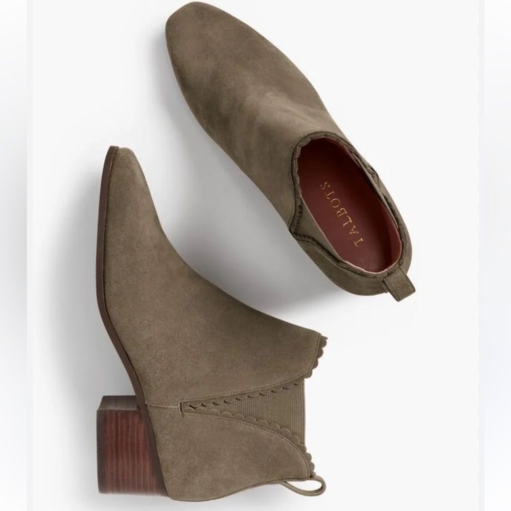 New Talbots Women's DAKOTA SUEDE SCALLOP-EDGE
ANKLE BOOT Olive Green